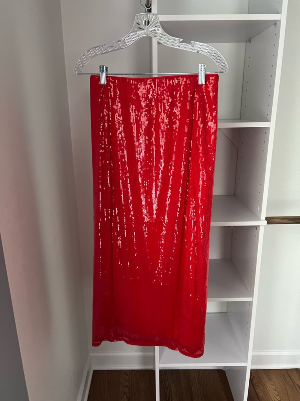 Red Sequin Midi Skirt w/ Thigh Slit